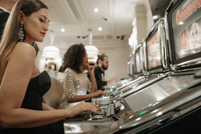 a woman in tube top gambling