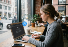 Person using laptop with private browsing and VPN icons visible