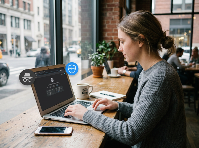 Person using laptop with private browsing and VPN icons visible