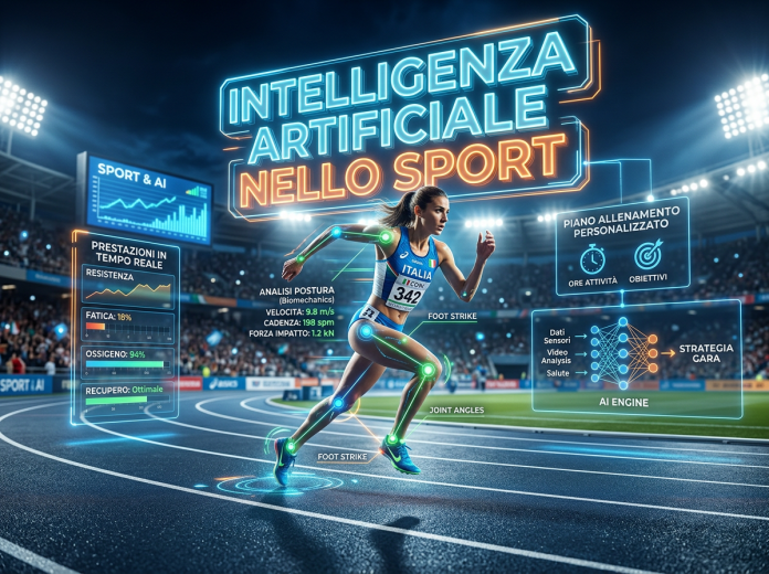 Sprinter tracked by AI analyzing posture, speed, fatigue, and personalized training plan